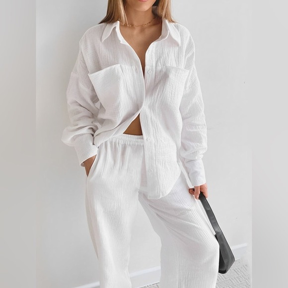 Nwt White Minimalist Cotton Two Piece Pants Set Gauze Feel Small - Picture 1 of 6